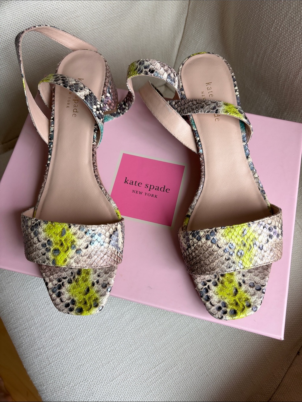 kate spade Green Leather Sandals with Neon Yellow Snake-Print Straps